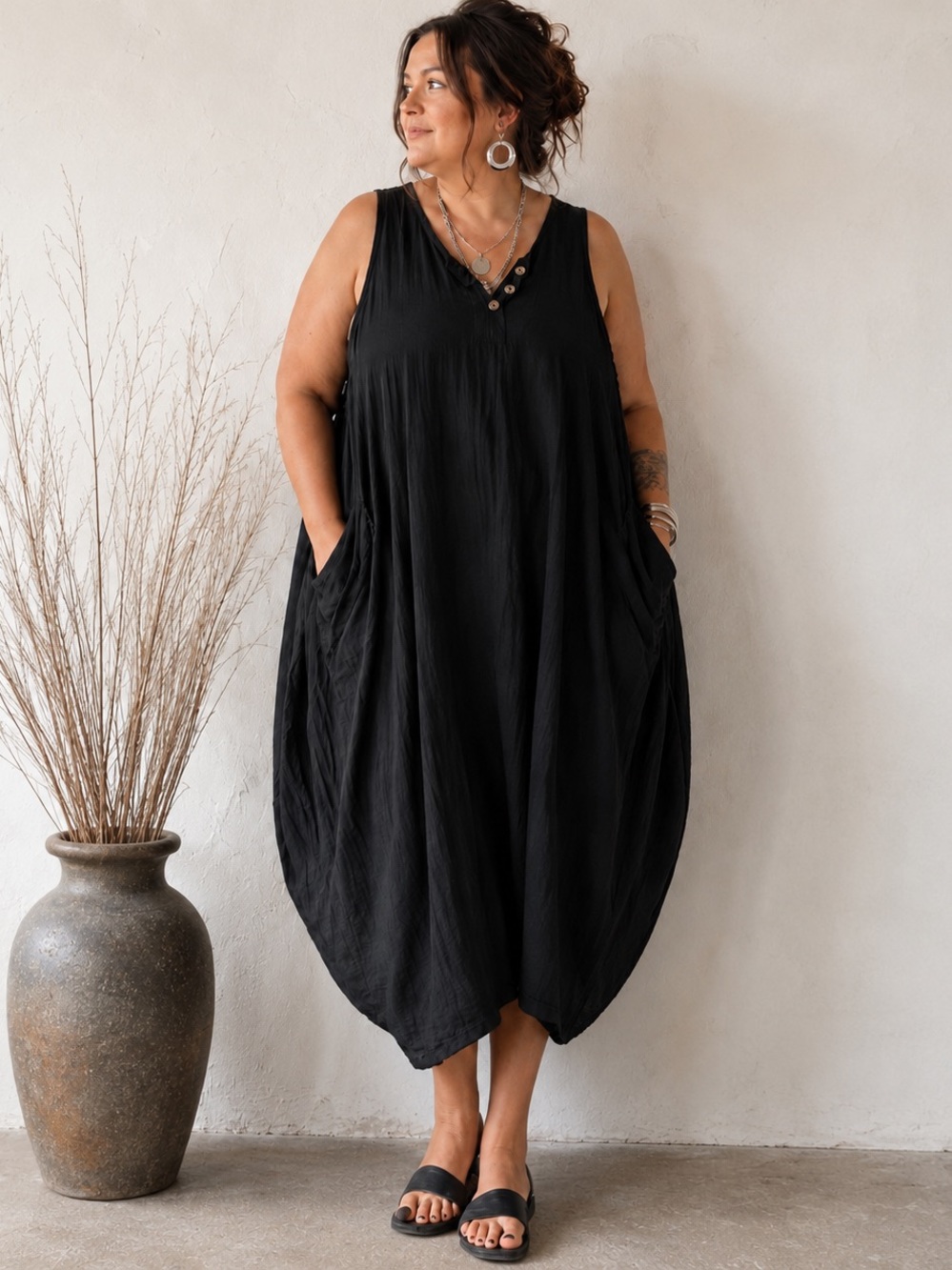 Black Lagenlook Cotton Cocoon Dress Plus Size 2X 3X Artsy Boho Boutique